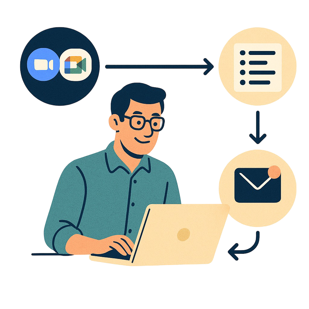 Call2Notes workflow: Connect Zoom/Google Meet, AI processing, Email summary