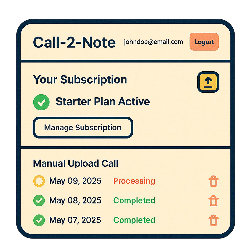 Illustration showing Call2Notes interface features